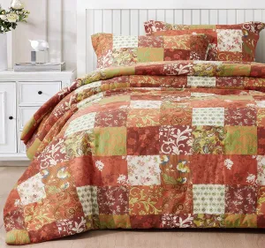 Chezmoi Collection Leilani 3-Piece Boho Washed Cotton Comforter Set Queen Size - Bohemian Bedding Set Orange Green White Floral Printed Patchwork Lightweight Comforter for All Season
