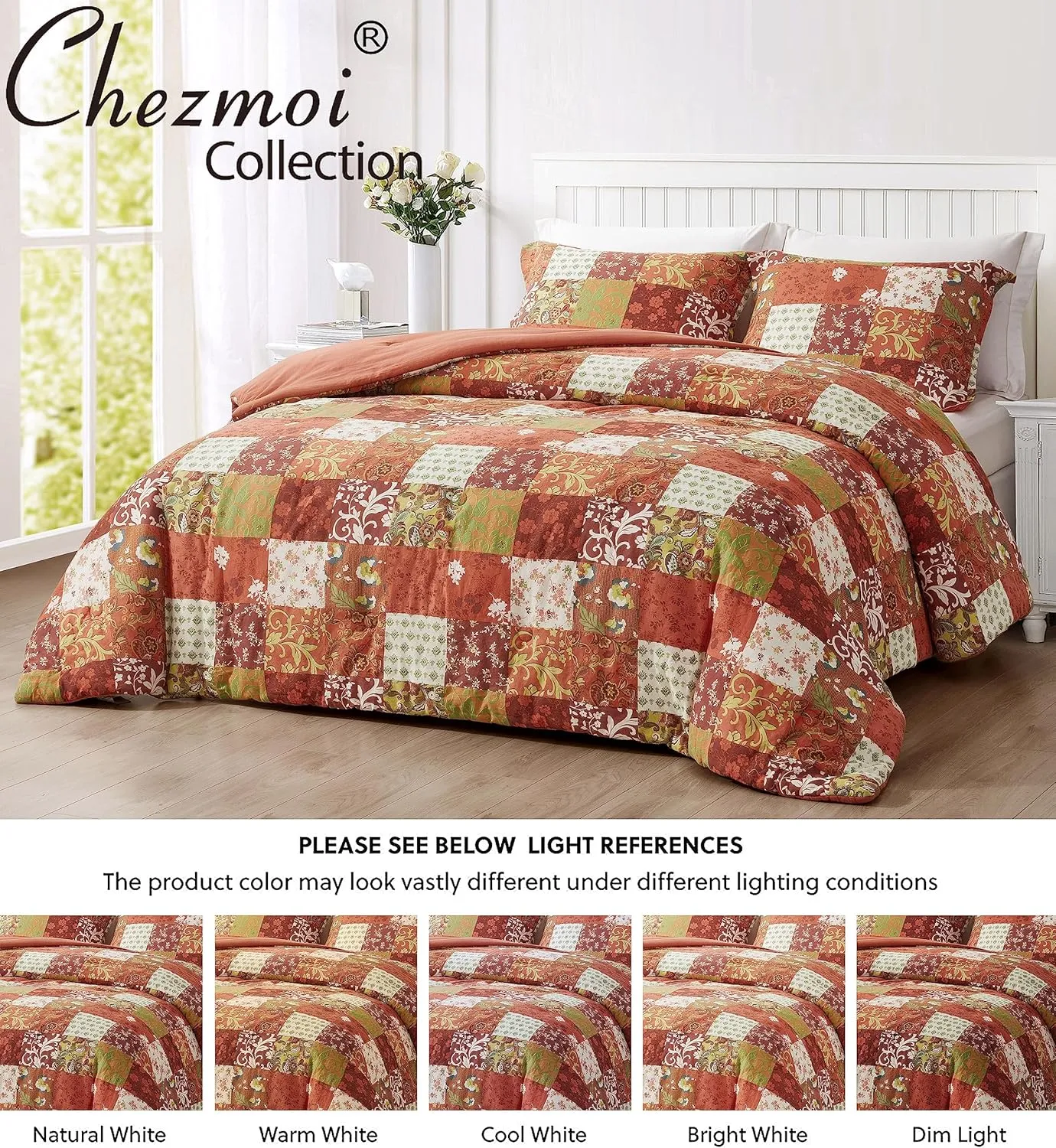 Chezmoi Collection Leilani 3-Piece Boho Washed Cotton Comforter Set Queen Size - Bohemian Bedding Set Orange Green White Floral Printed Patchwork Lightweight Comforter for All Season