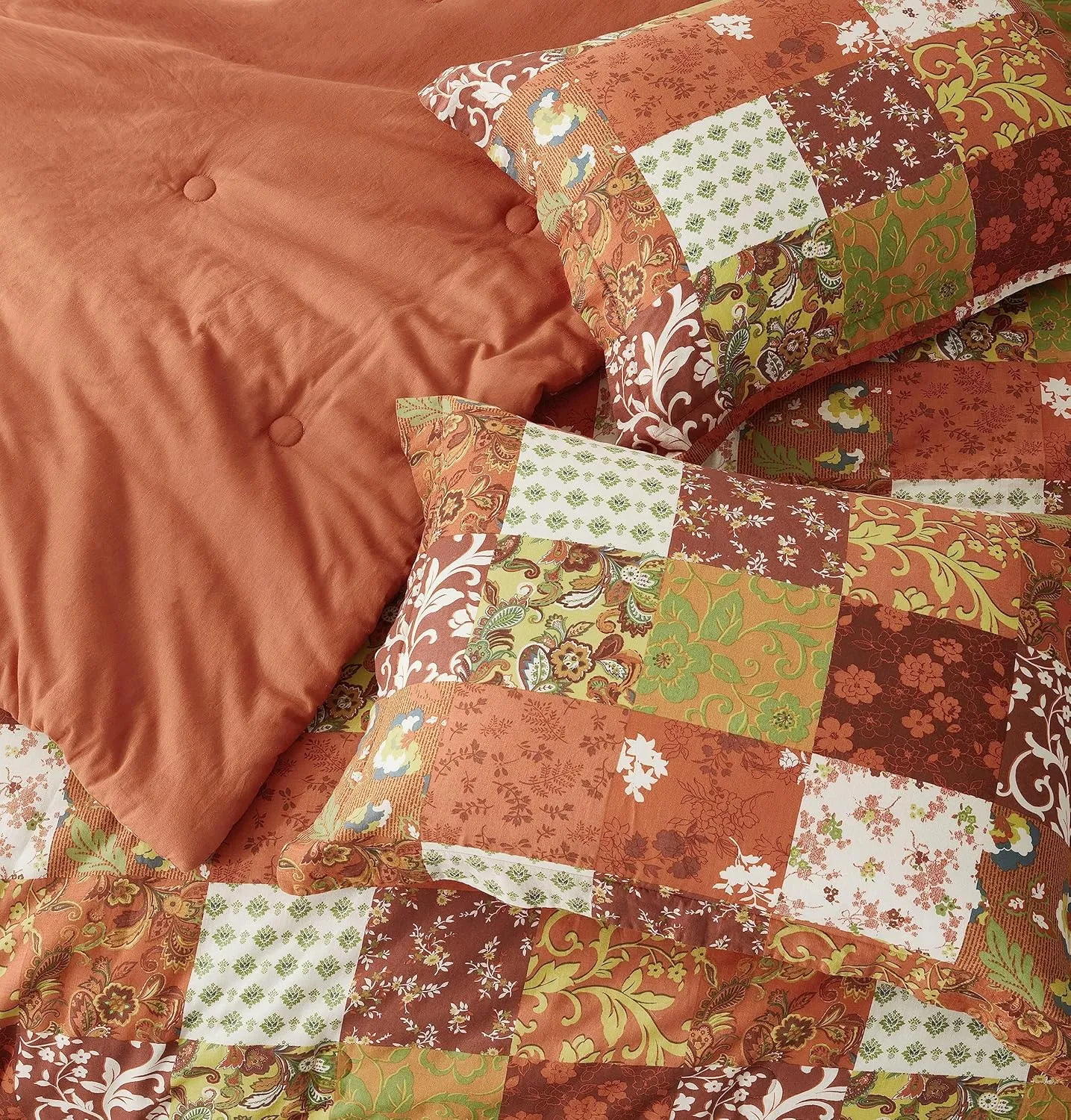 Chezmoi Collection Leilani 3-Piece Boho Washed Cotton Comforter Set Queen Size - Bohemian Bedding Set Orange Green White Floral Printed Patchwork Lightweight Comforter for All Season