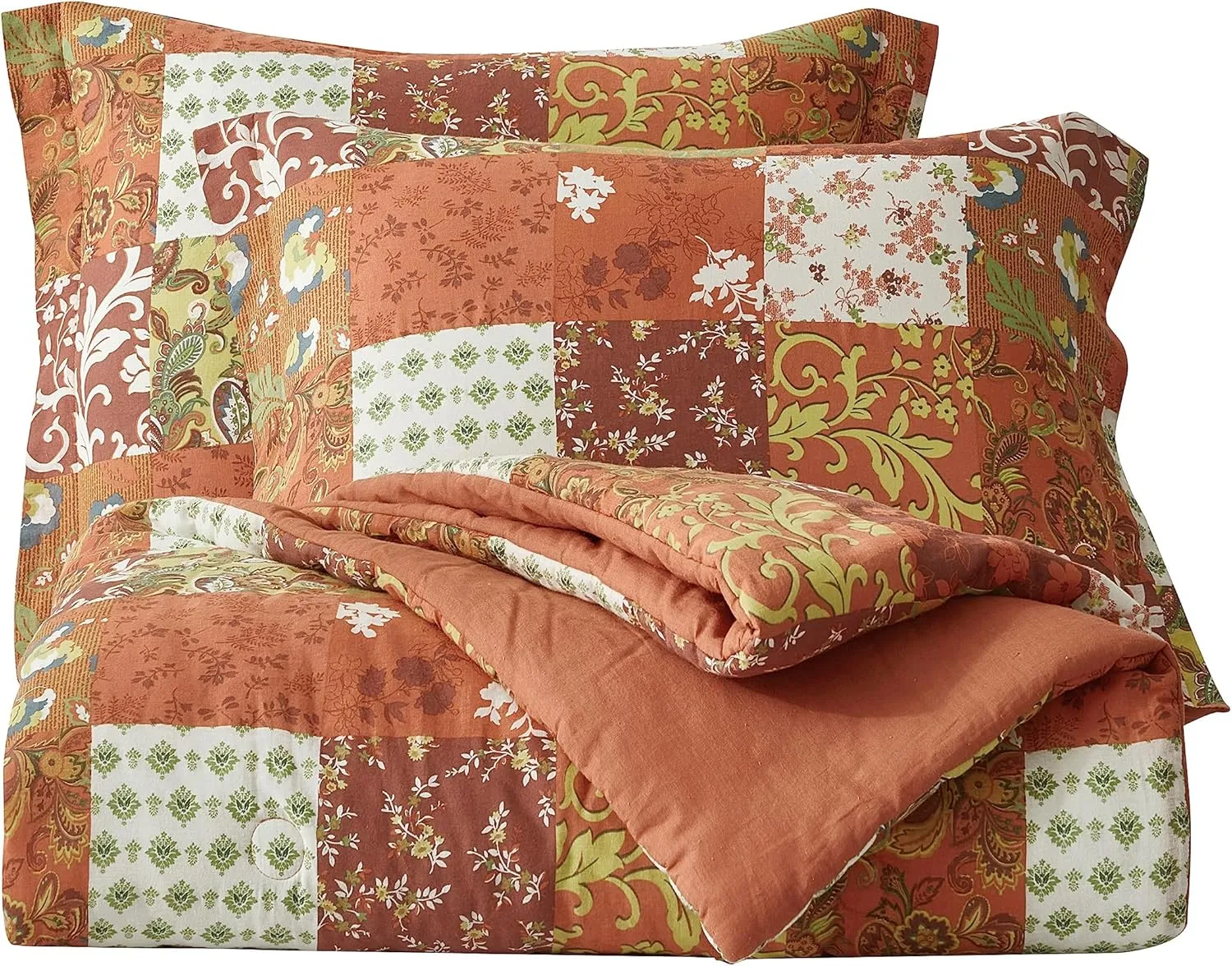 Chezmoi Collection Leilani 3-Piece Boho Washed Cotton Comforter Set Queen Size - Bohemian Bedding Set Orange Green White Floral Printed Patchwork Lightweight Comforter for All Season