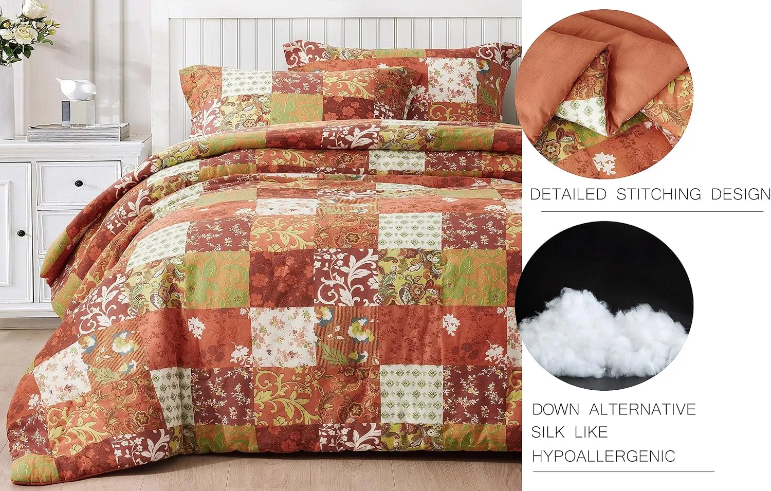 Chezmoi Collection Leilani 3-Piece Boho Washed Cotton Comforter Set Queen Size - Bohemian Bedding Set Orange Green White Floral Printed Patchwork Lightweight Comforter for All Season