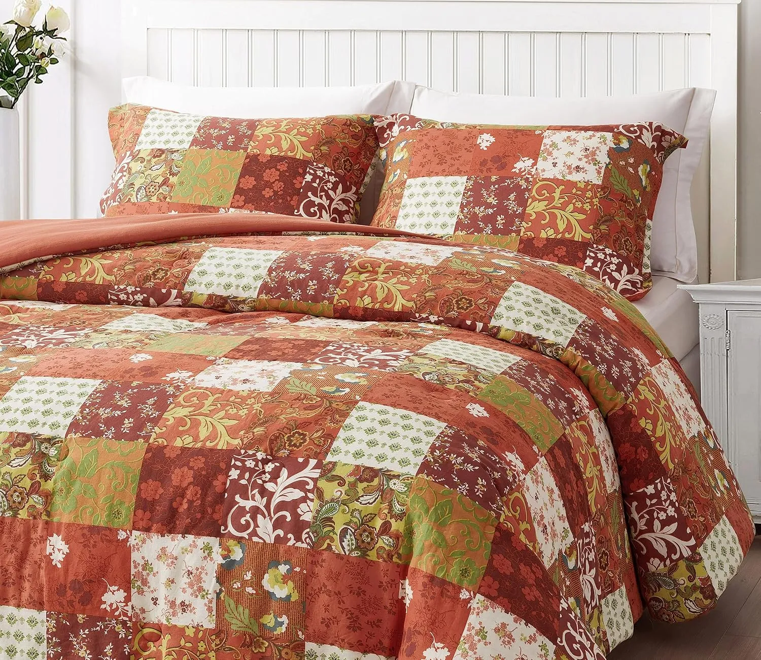 Chezmoi Collection Leilani 3-Piece Boho Washed Cotton Comforter Set Queen Size - Bohemian Bedding Set Orange Green White Floral Printed Patchwork Lightweight Comforter for All Season
