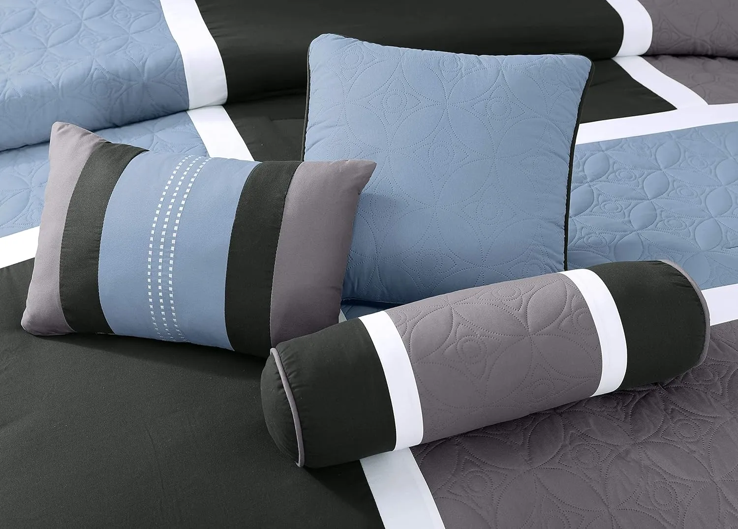 Chezmoi Collection Upland 7-Piece Quilted Patchwork Comforter Set, Gray/Light Blue/Charcoal, King