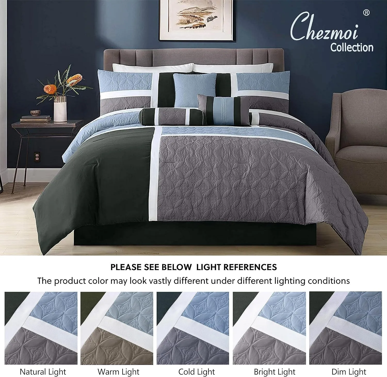 Chezmoi Collection Upland 7-Piece Quilted Patchwork Comforter Set, Gray/Light Blue/Charcoal, King