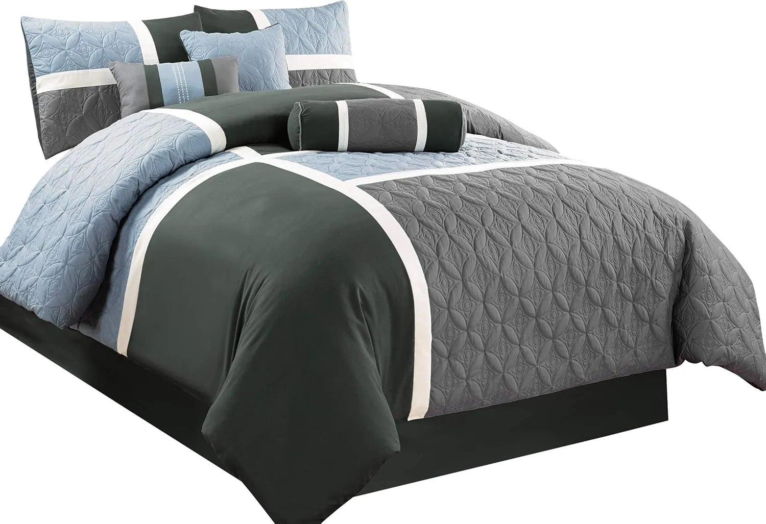 Chezmoi Collection Upland 7-Piece Quilted Patchwork Comforter Set, Gray/Light Blue/Charcoal, King