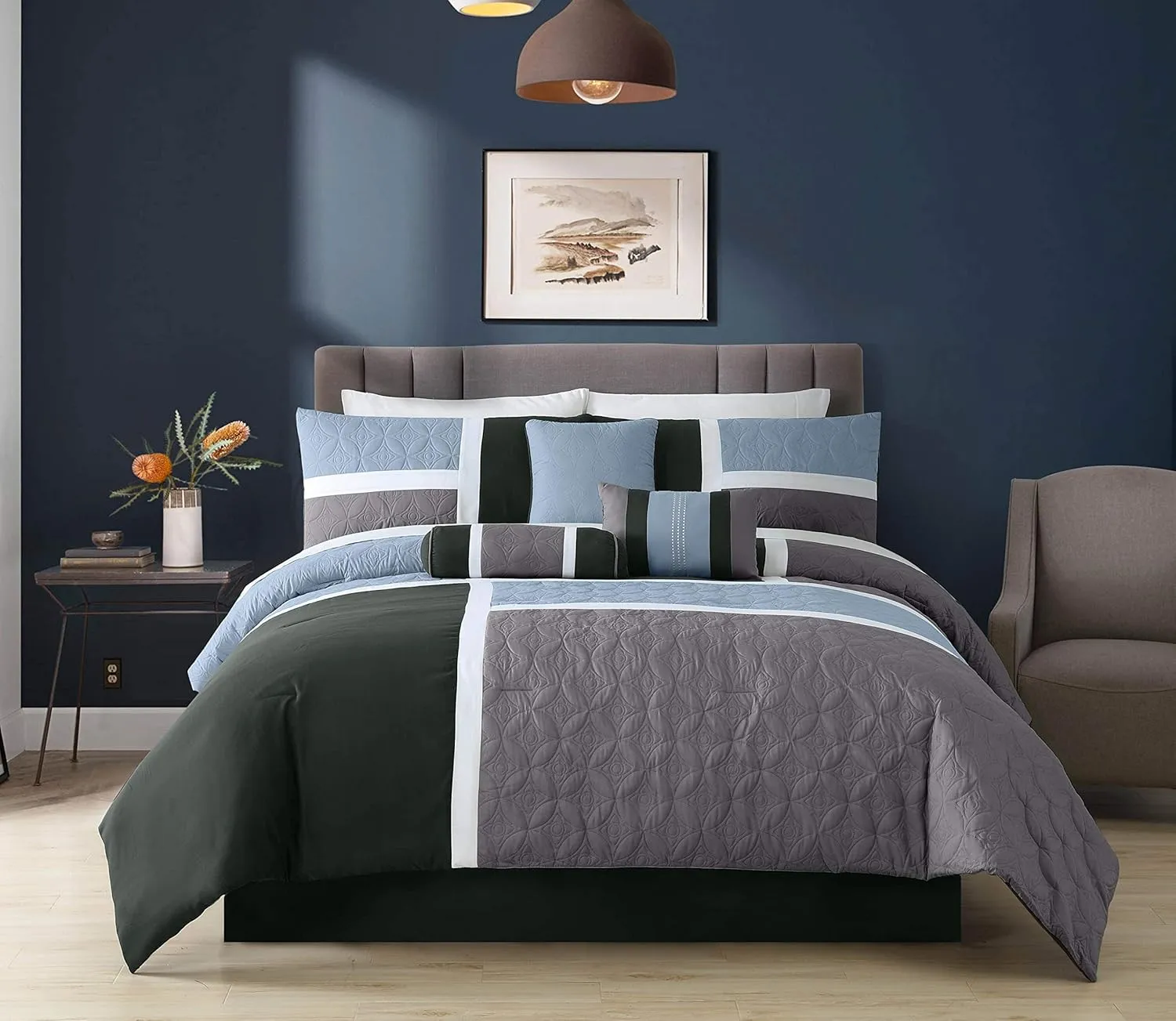 Chezmoi Collection Upland 7-Piece Quilted Patchwork Comforter Set, Gray/Light Blue/Charcoal, King