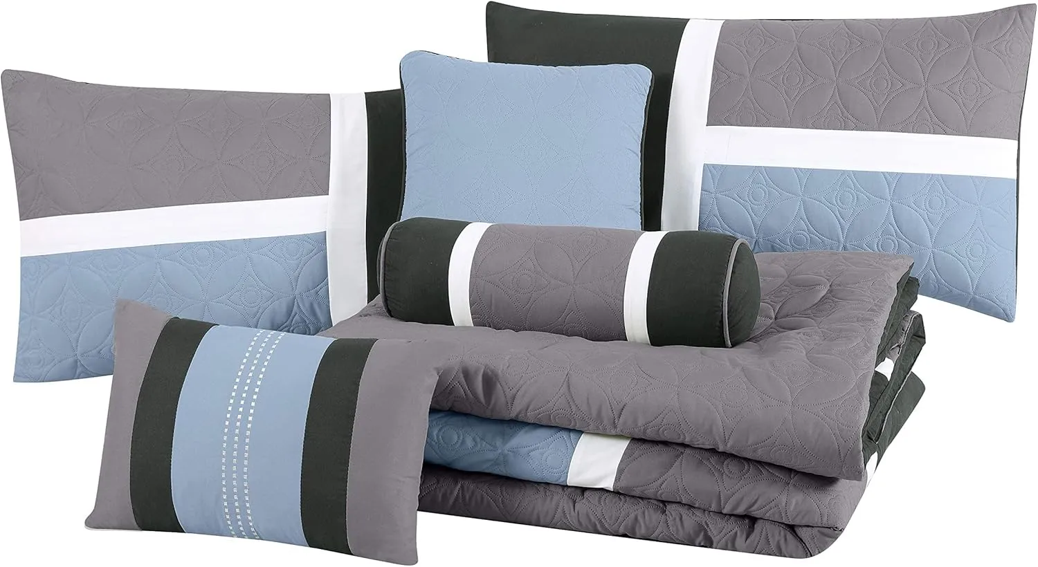 Chezmoi Collection Upland 7-Piece Quilted Patchwork Comforter Set, Gray/Light Blue/Charcoal, King