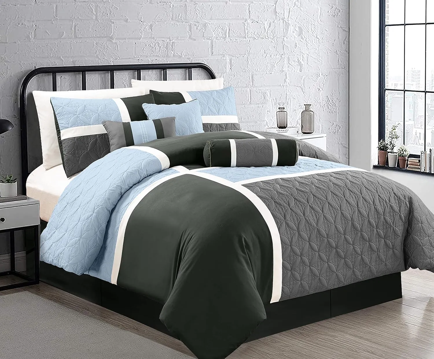 Chezmoi Collection Upland 7-Piece Quilted Patchwork Comforter Set, Gray/Light Blue/Charcoal, King