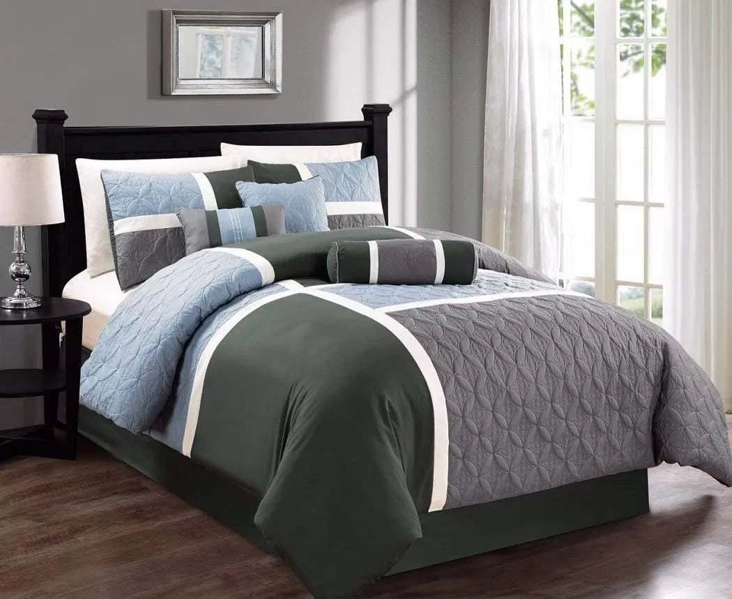 Chezmoi Collection Upland 7-Piece Quilted Patchwork Comforter Set, Gray/Light Blue/Charcoal, King