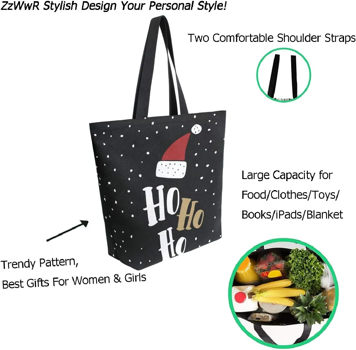 Chic Christmas Funny Santa Claus Hat Hohoho Pattern Extra Large Canvas Market Beach Travel Reusable Grocery Shopping Tote Bag Portable Storage HandBag