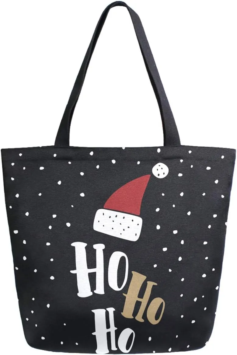 Chic Christmas Funny Santa Claus Hat Hohoho Pattern Extra Large Canvas Market Beach Travel Reusable Grocery Shopping Tote Bag Portable Storage HandBag