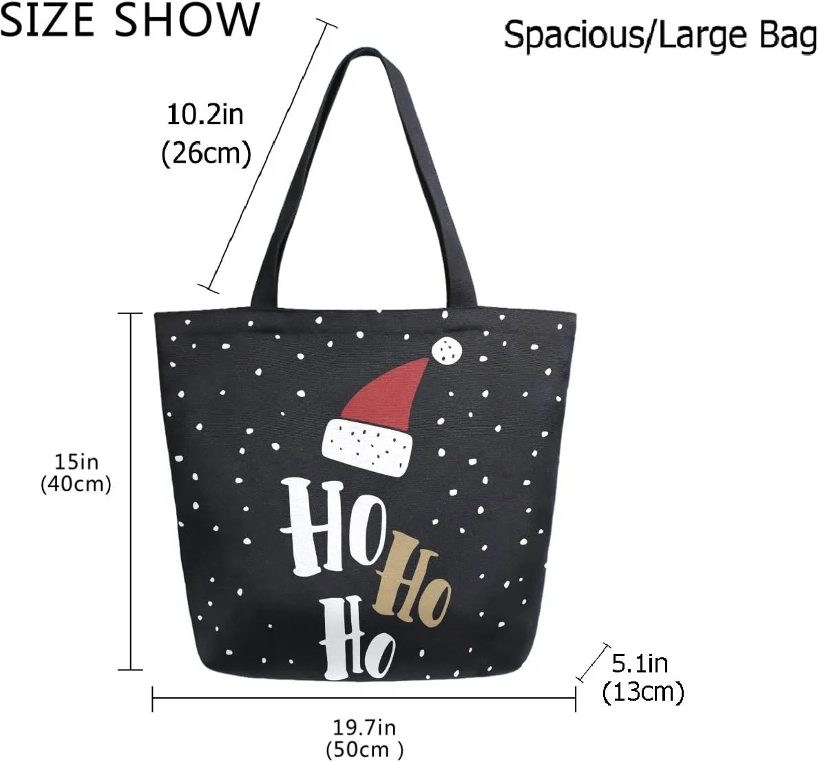 Chic Christmas Funny Santa Claus Hat Hohoho Pattern Extra Large Canvas Market Beach Travel Reusable Grocery Shopping Tote Bag Portable Storage HandBag