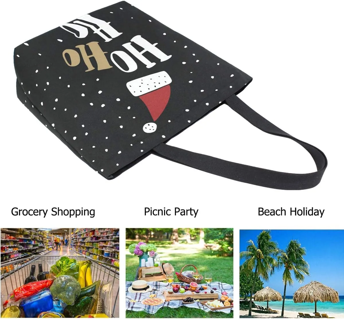 Chic Christmas Funny Santa Claus Hat Hohoho Pattern Extra Large Canvas Market Beach Travel Reusable Grocery Shopping Tote Bag Portable Storage HandBag