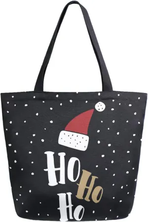 Chic Christmas Funny Santa Claus Hat Hohoho Pattern Extra Large Canvas Market Beach Travel Reusable Grocery Shopping Tote Bag Portable Storage HandBag