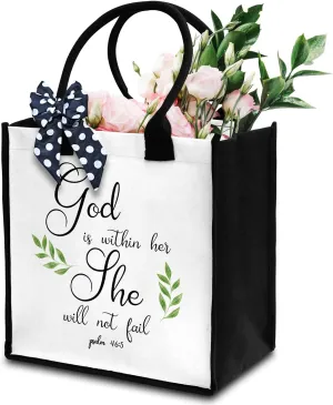 Christian Tote Bag For Women, God Is Within Her Totes, Bible Verse Canvas Tote Bag For Traveling Shopping, Religious Beach Bag With Ribbon, Gifts For Women Friends Coworker -20