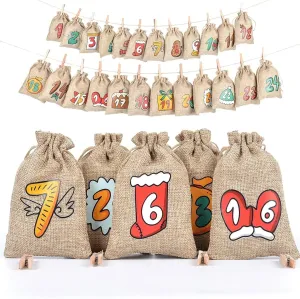 Christmas Advent Calendar Bags, 24 Days Countdown Calendar Burlap bags Hanging Advent Calendar Gift Favors for Xmas Decorations, Cute for kids, Reusable Fabric Bags With Drawstring Closure