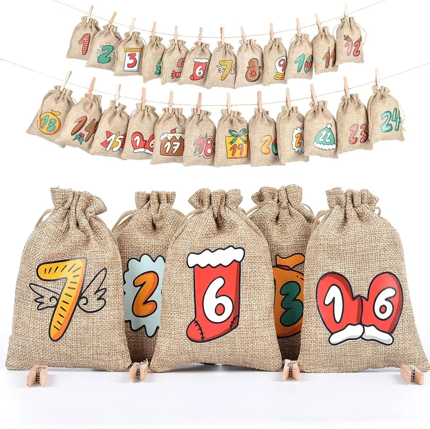 Christmas Advent Calendar Bags, 24 Days Countdown Calendar Burlap bags Hanging Advent Calendar Gift Favors for Xmas Decorations, Cute for kids, Reusable Fabric Bags With Drawstring Closure