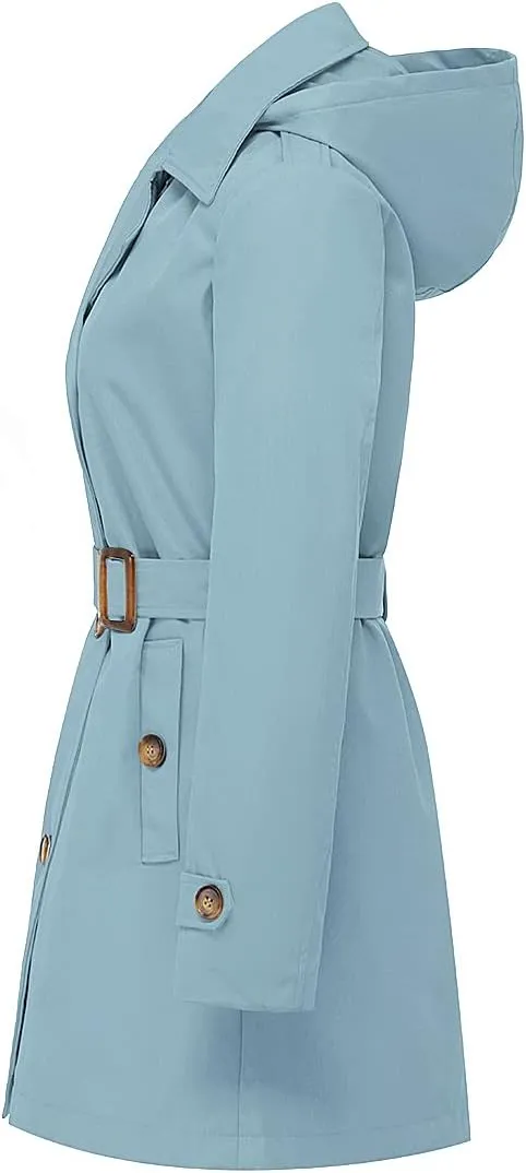 Chrisuno Women's Double Breasted Trench Coats Mid-Length Belted Overcoat Long Dress Jacket with Detachable Hood