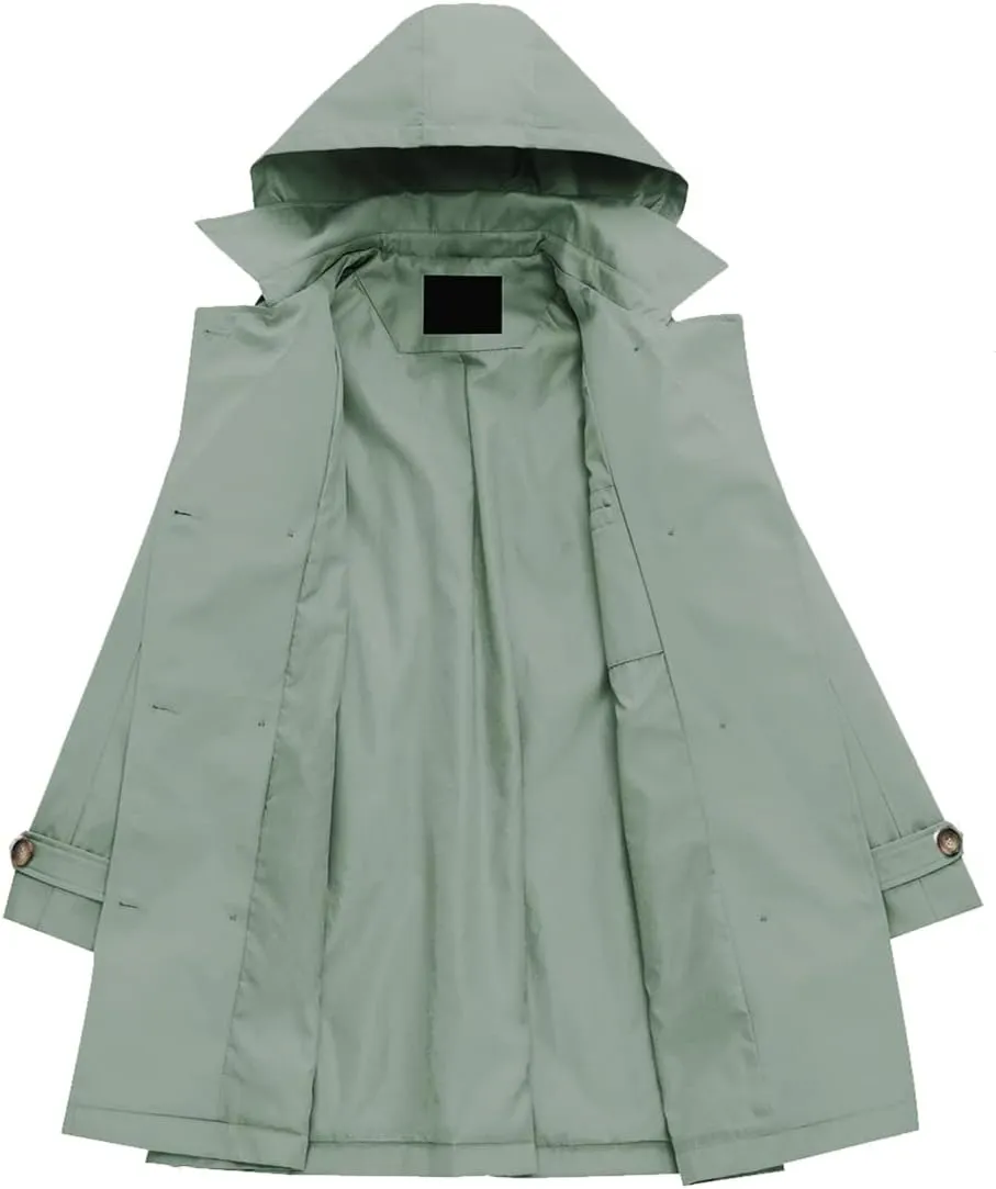 Chrisuno Women's Double Breasted Trench Coats Mid-Length Belted Overcoat Long Dress Jacket with Detachable Hood