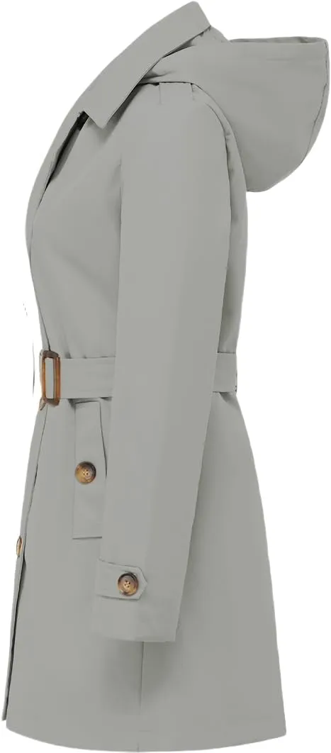 Chrisuno Women's Double Breasted Trench Coats Mid-Length Belted Overcoat Long Dress Jacket with Detachable Hood