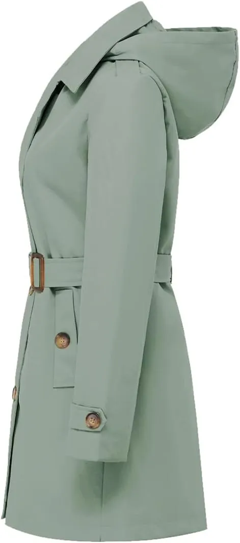 Chrisuno Women's Double Breasted Trench Coats Mid-Length Belted Overcoat Long Dress Jacket with Detachable Hood