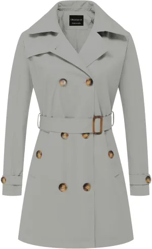 Chrisuno Women's Double Breasted Trench Coats Mid-Length Belted Overcoat Long Dress Jacket with Detachable Hood