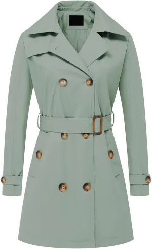 Chrisuno Women's Double Breasted Trench Coats Mid-Length Belted Overcoat Long Dress Jacket with Detachable Hood