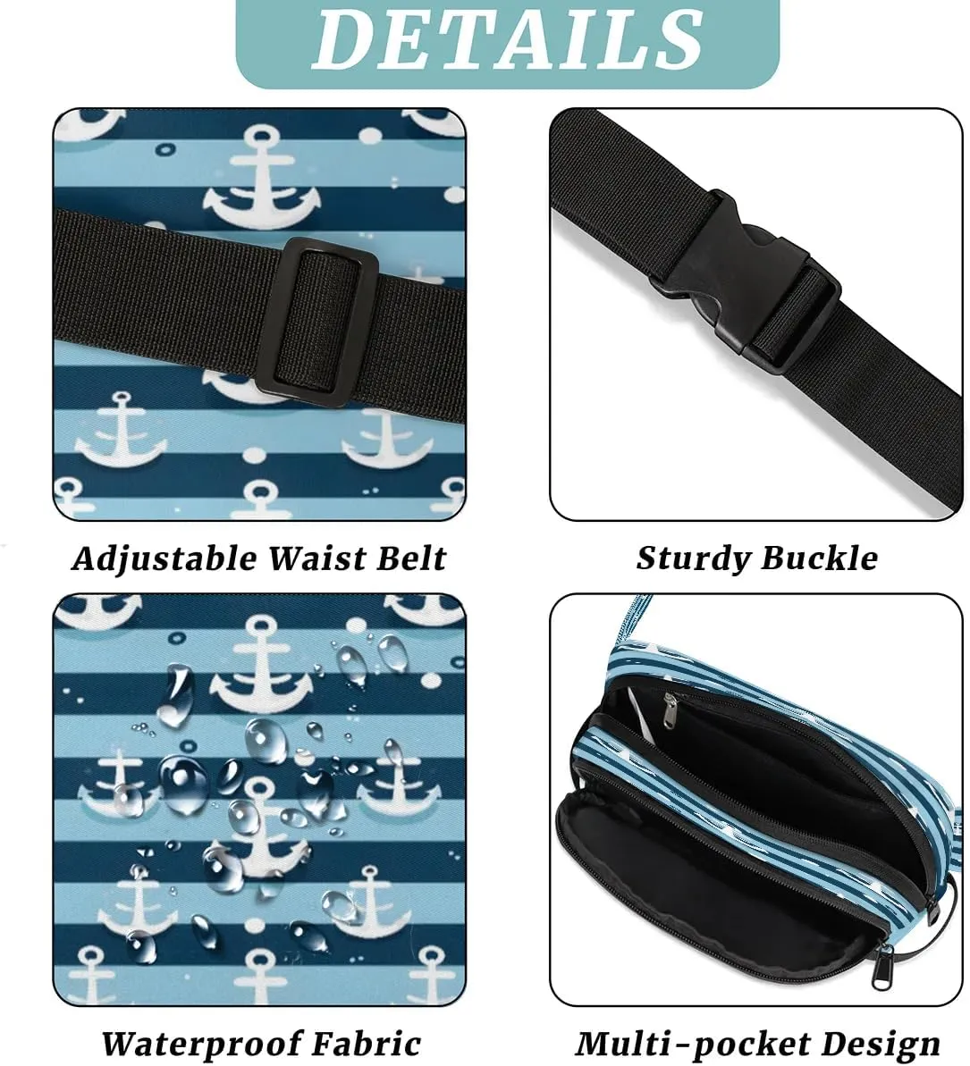 Classic Anchor Pattern Men's and Women's Waist Pack Crossbody Blue Stripe Anchor Waist Pack Running Strap, Adjustable Shoulder Strap - For Hiking and Running Exercise Fitness