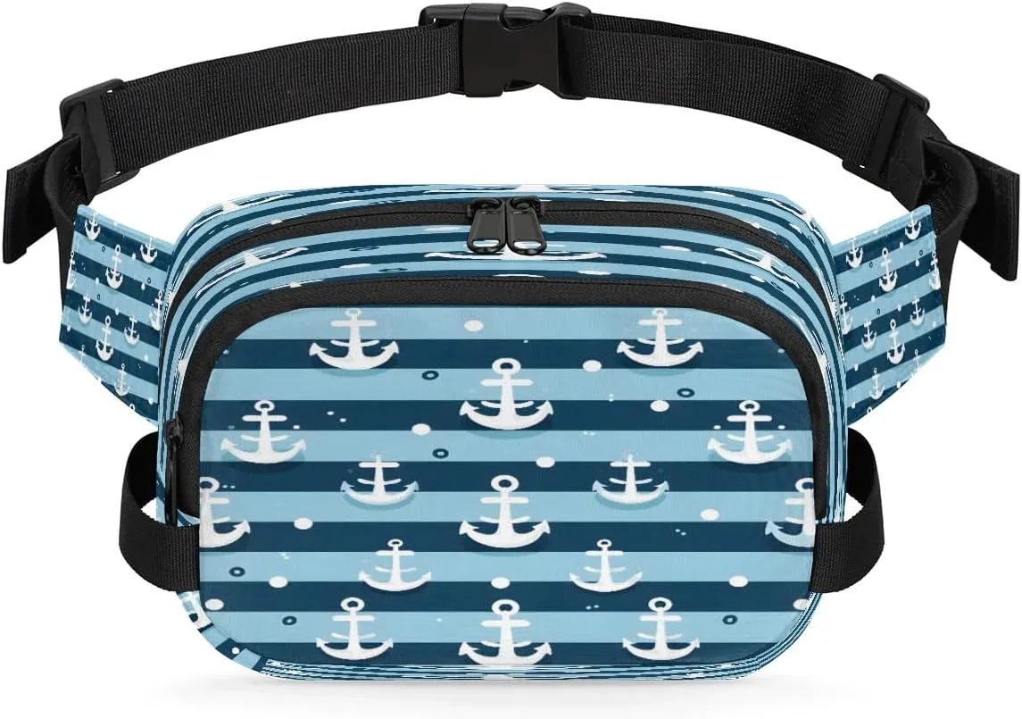 Classic Anchor Pattern Men's and Women's Waist Pack Crossbody Blue Stripe Anchor Waist Pack Running Strap, Adjustable Shoulder Strap - For Hiking and Running Exercise Fitness