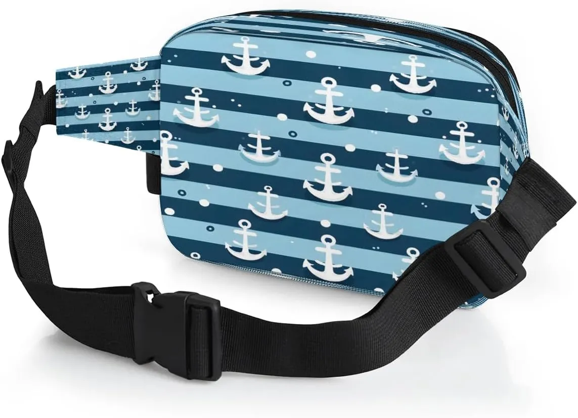 Classic Anchor Pattern Men's and Women's Waist Pack Crossbody Blue Stripe Anchor Waist Pack Running Strap, Adjustable Shoulder Strap - For Hiking and Running Exercise Fitness