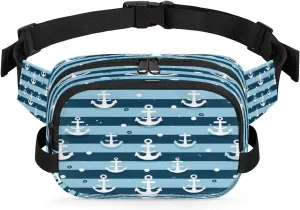 Classic Anchor Pattern Men's and Women's Waist Pack Crossbody Blue Stripe Anchor Waist Pack Running Strap, Adjustable Shoulder Strap - For Hiking and Running Exercise Fitness