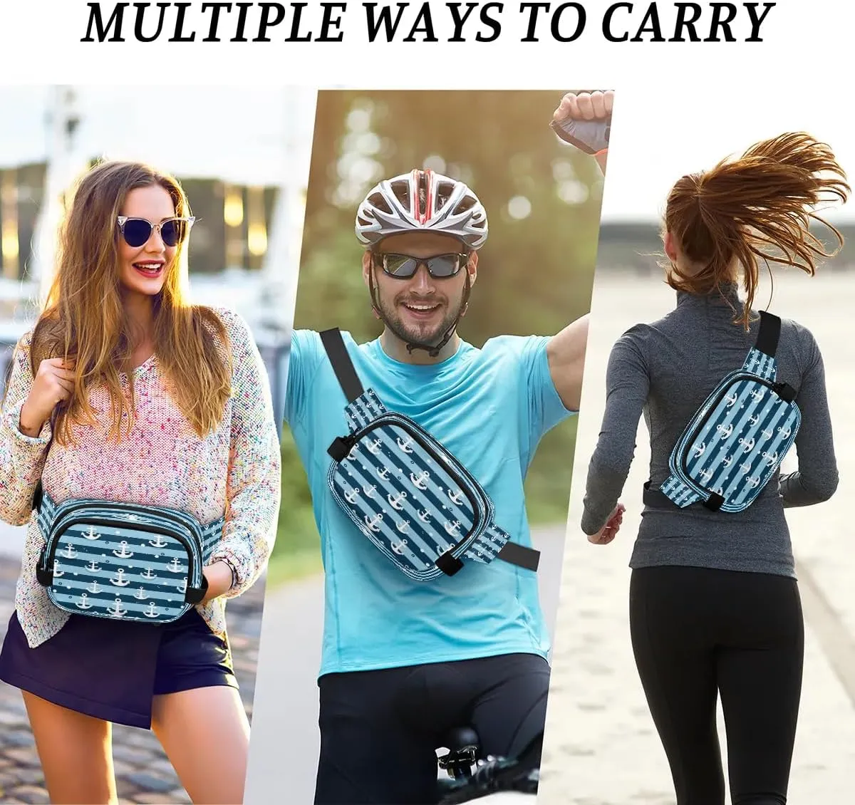Classic Anchor Pattern Men's and Women's Waist Pack Crossbody Blue Stripe Anchor Waist Pack Running Strap, Adjustable Shoulder Strap - For Hiking and Running Exercise Fitness