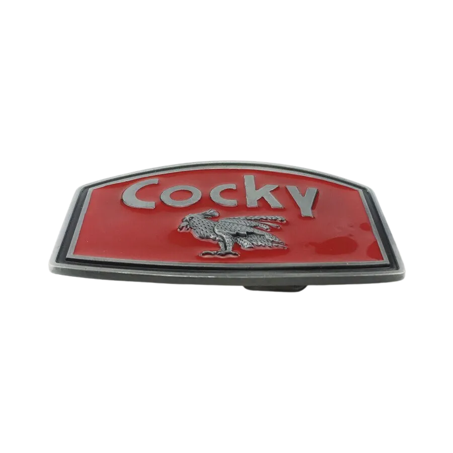 COCKY Belt Buckle with Red Enamel and Pewter Finish