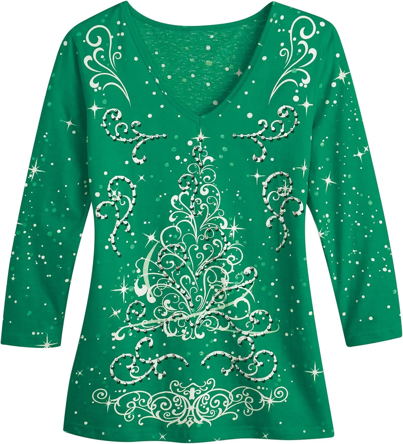 Collections Etc Festive Embellished Sparkling Holiday Tree Design Red Top with Scoop Neck