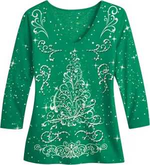 Collections Etc Festive Embellished Sparkling Holiday Tree Design Red Top with Scoop Neck