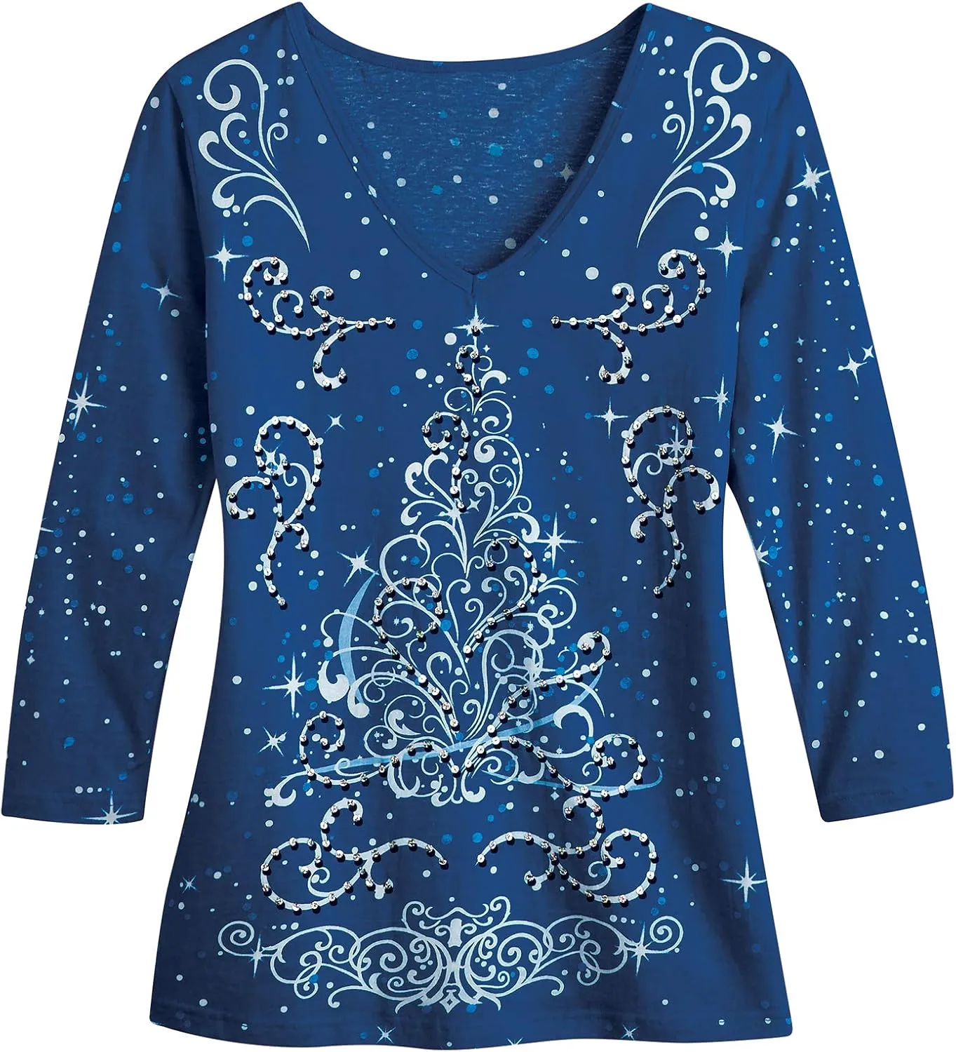 Collections Etc Festive Embellished Sparkling Holiday Tree Design Red Top with Scoop Neck