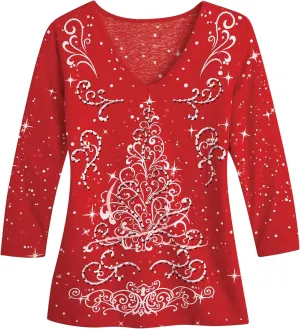 Collections Etc Festive Embellished Sparkling Holiday Tree Design Red Top with Scoop Neck