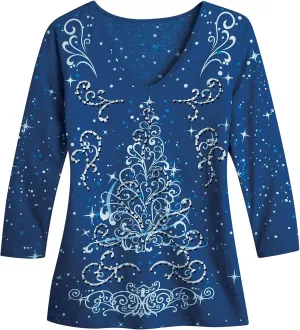 Collections Etc Festive Embellished Sparkling Holiday Tree Design Red Top with Scoop Neck