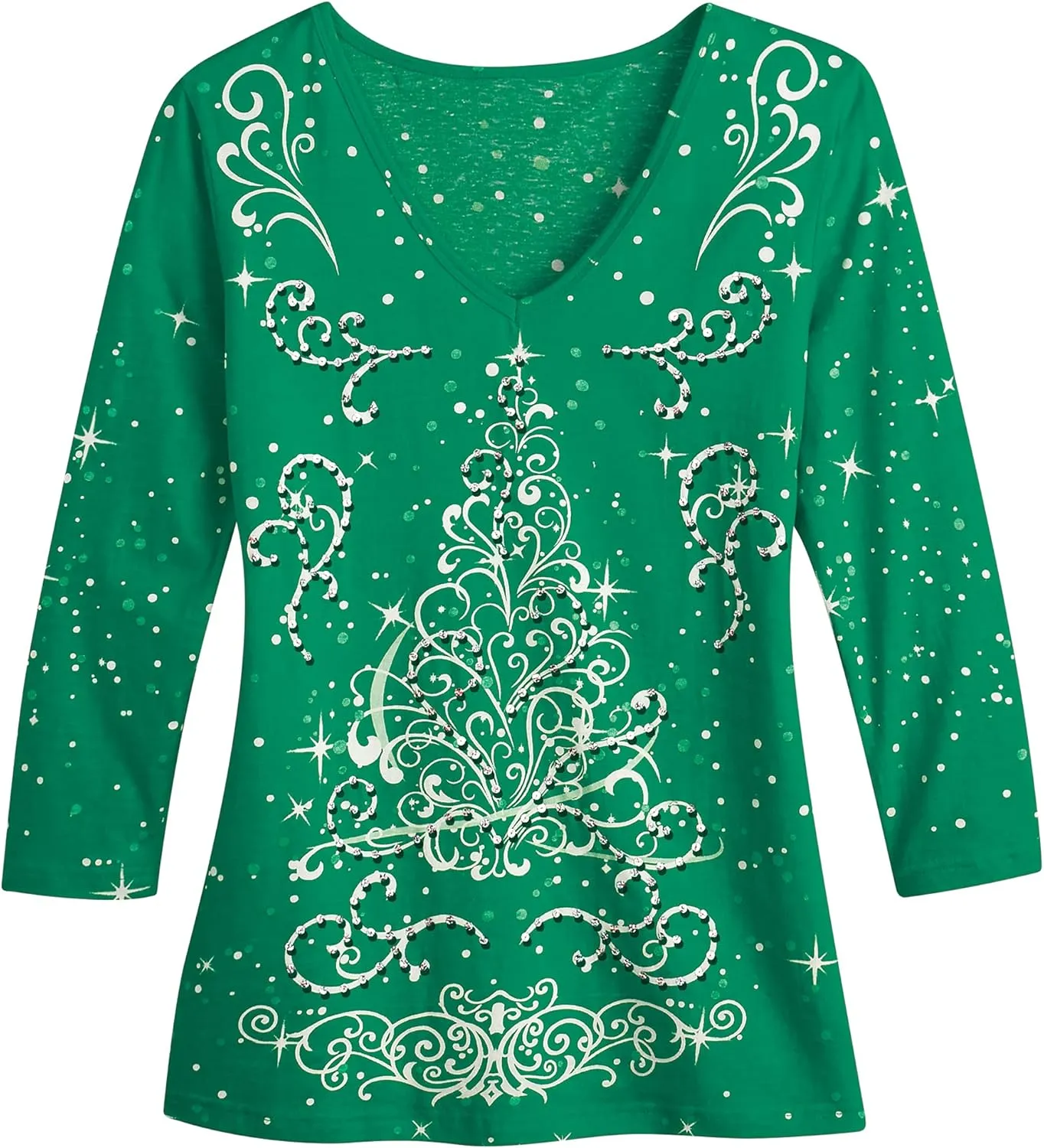 Collections Etc Festive Embellished Sparkling Holiday Tree Design Red Top with Scoop Neck