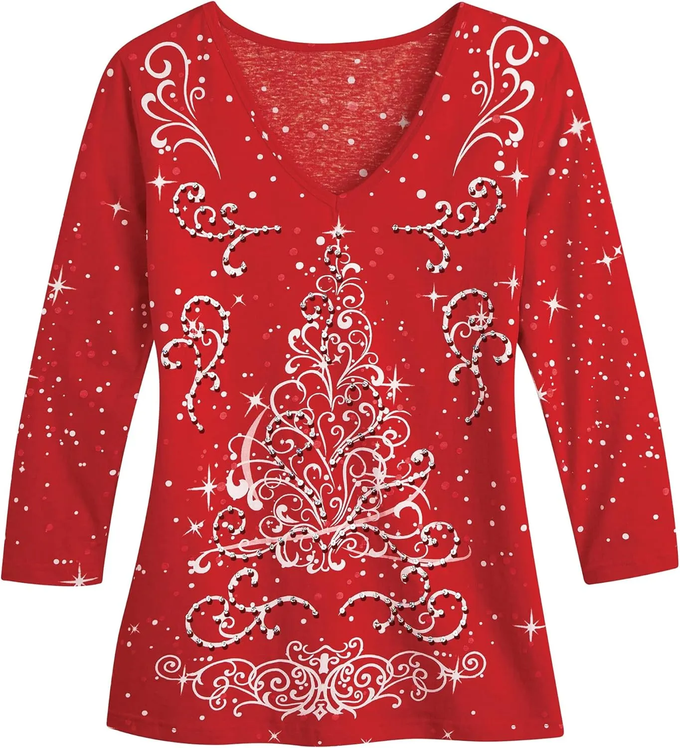 Collections Etc Festive Embellished Sparkling Holiday Tree Design Red Top with Scoop Neck