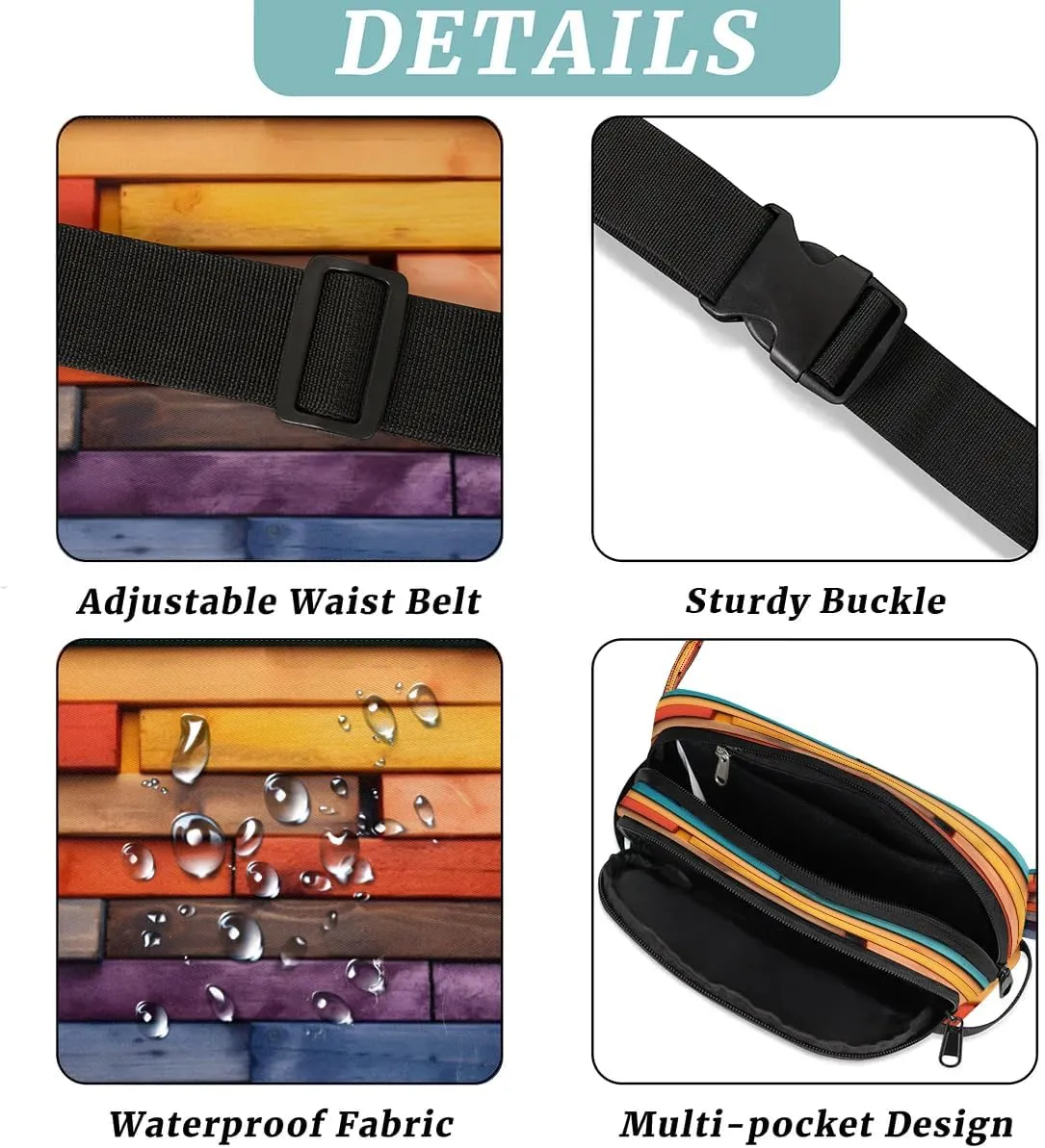 Color Block Collage Men's and Women's Waist Pack Crossbody Abstract Pattern Waist Pack Running Strap, Adjustable Shoulder Strap - For Hiking and Running Exercise Fitness