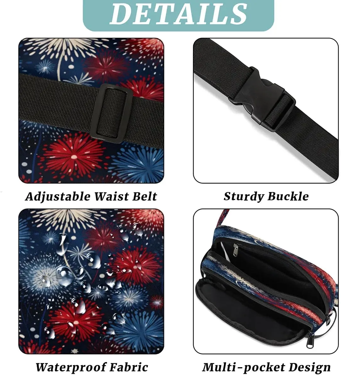 Colorful Fireworks Men's and Women's Waist Pack Crossbody Fireworks Pattern Waist Pack Running Strap, Adjustable Shoulder Strap - For Hiking and Running Exercise Fitness