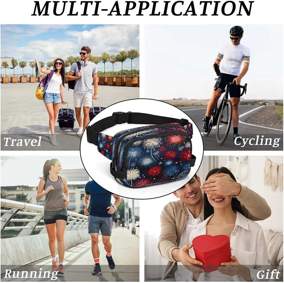 Colorful Fireworks Men's and Women's Waist Pack Crossbody Fireworks Pattern Waist Pack Running Strap, Adjustable Shoulder Strap - For Hiking and Running Exercise Fitness
