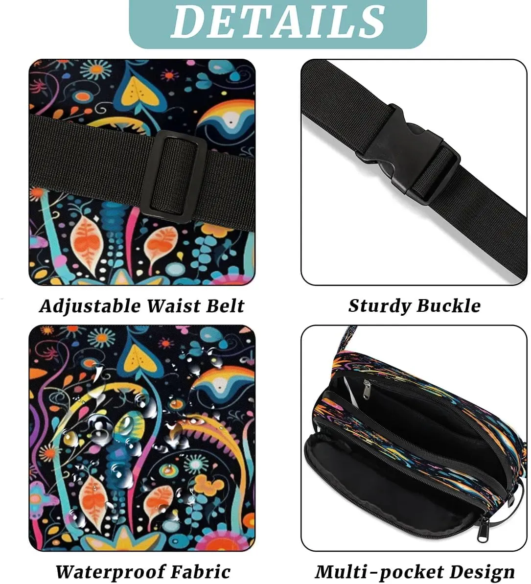 Colorful Floral Pattern Men's and Women's Waist Pack Crossbody Geometric Print Waist Pack Running Strap, Adjustable Shoulder Strap - For Hiking and Running Exercise Fitness