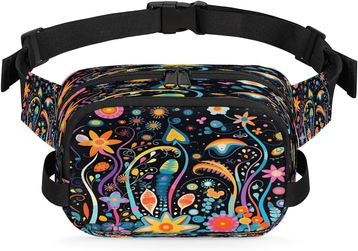 Colorful Floral Pattern Men's and Women's Waist Pack Crossbody Geometric Print Waist Pack Running Strap, Adjustable Shoulder Strap - For Hiking and Running Exercise Fitness