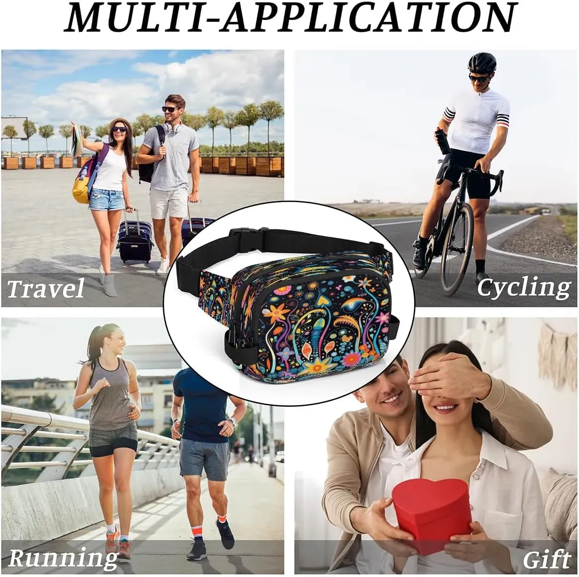 Colorful Floral Pattern Men's and Women's Waist Pack Crossbody Geometric Print Waist Pack Running Strap, Adjustable Shoulder Strap - For Hiking and Running Exercise Fitness