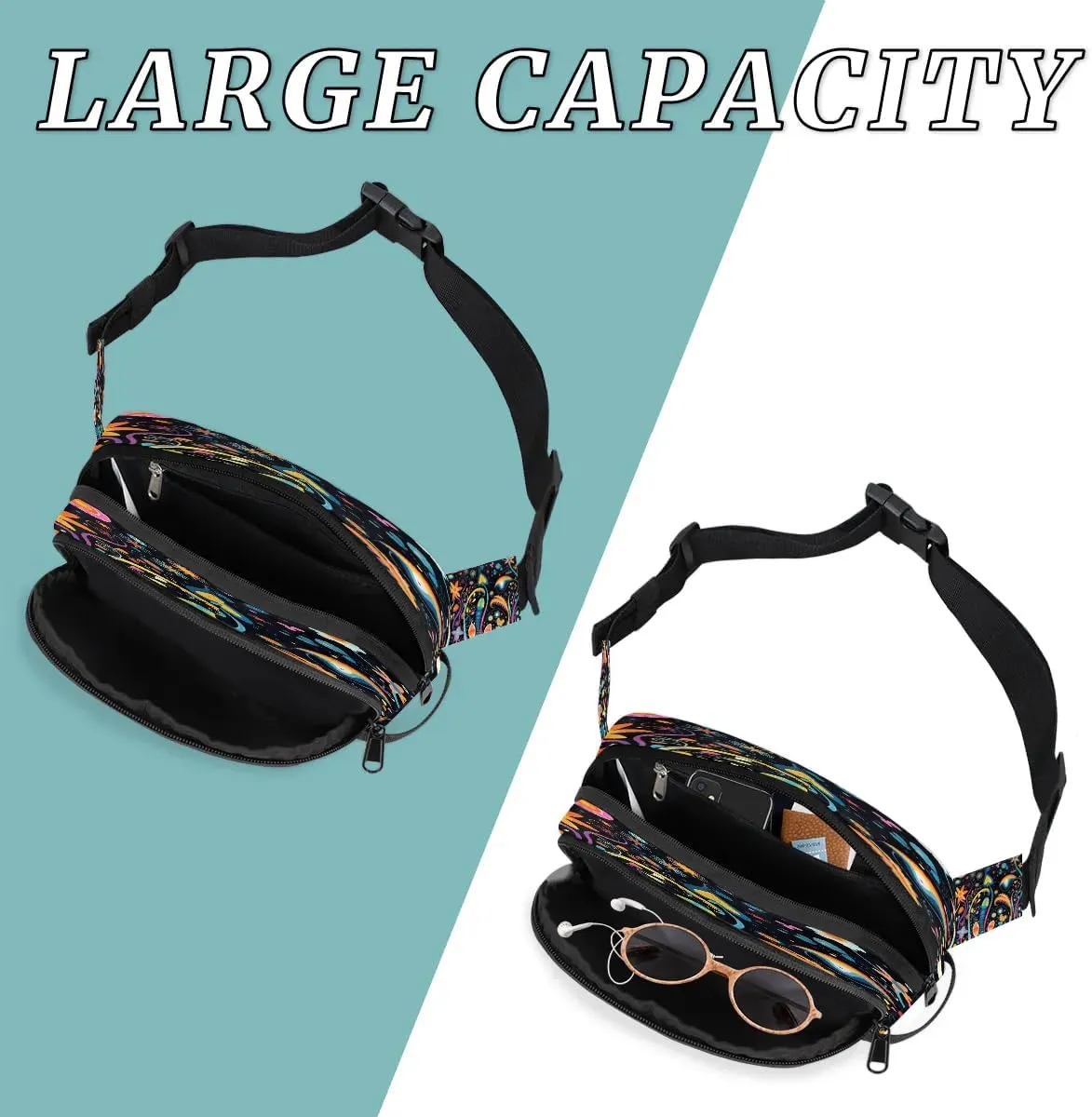 Colorful Floral Pattern Men's and Women's Waist Pack Crossbody Geometric Print Waist Pack Running Strap, Adjustable Shoulder Strap - For Hiking and Running Exercise Fitness
