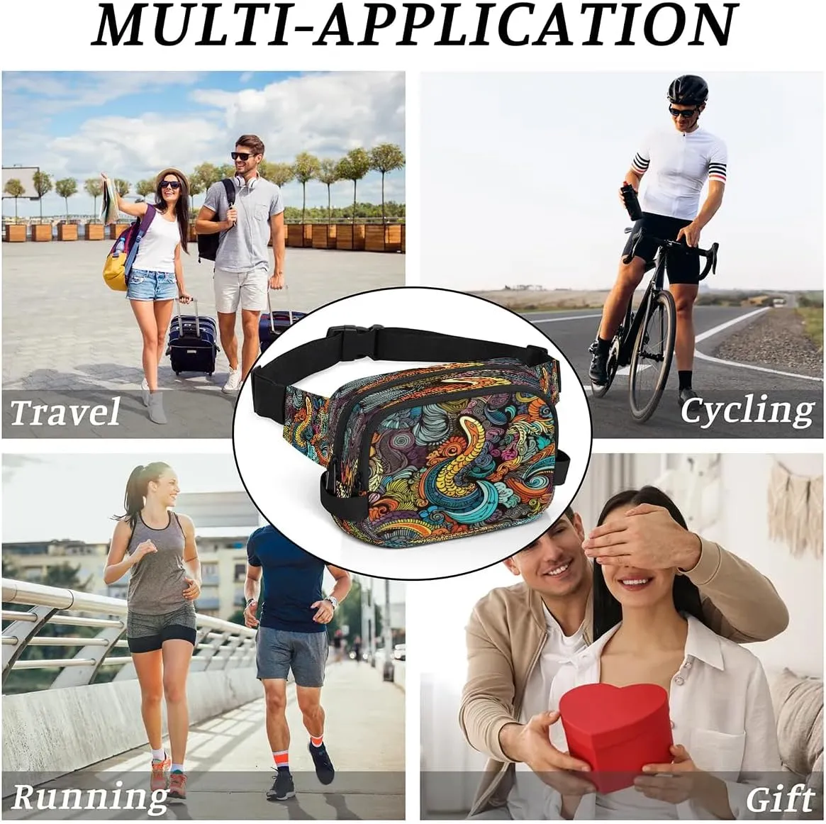 Colorful Floral Prints Men's and Women's Waist Pack Crossbody Abstract Patterns Waist Pack Running Strap, Adjustable Shoulder Strap - For Hiking and Running Exercise Fitness