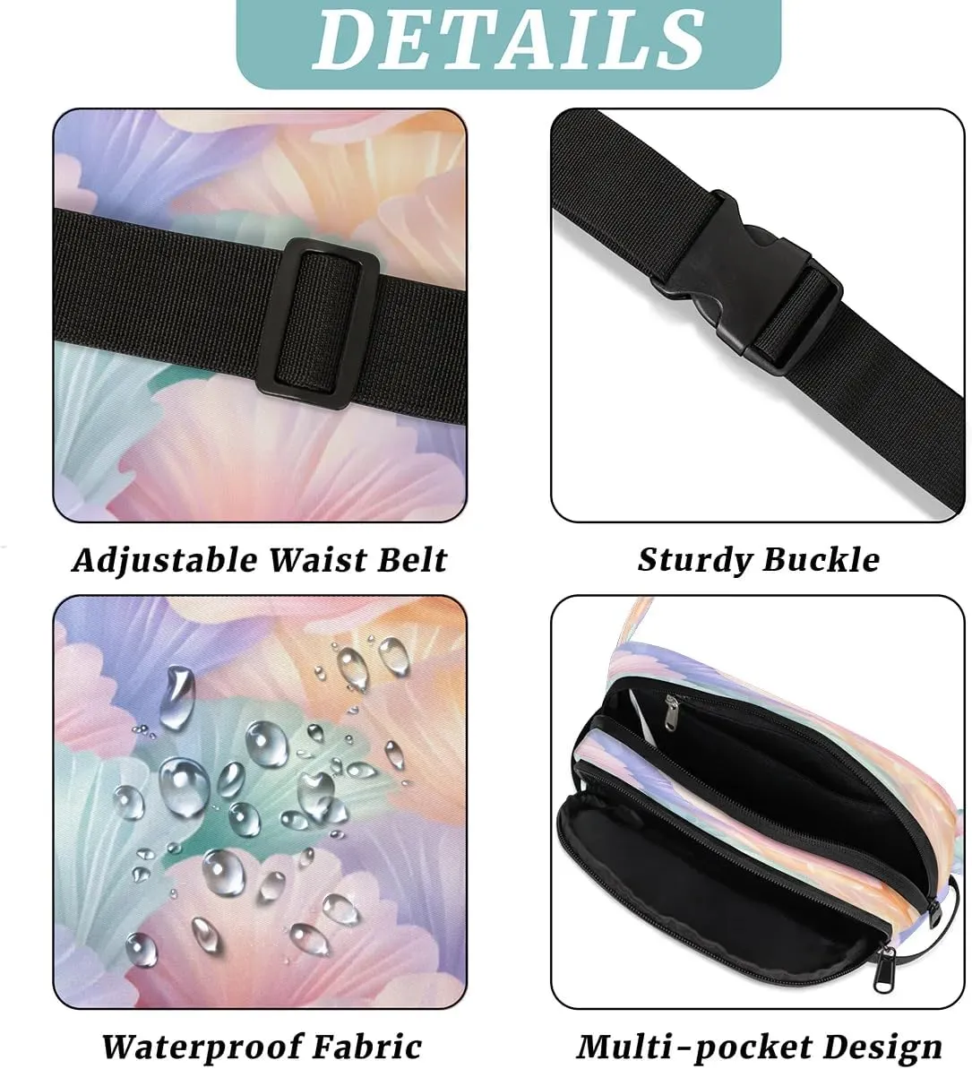 Colorful Shell Print Men's and Women's Waist Pack Crossbody Beautiful Shells Waist Pack Running Strap, Adjustable Shoulder Strap - For Hiking and Running Exercise Fitness