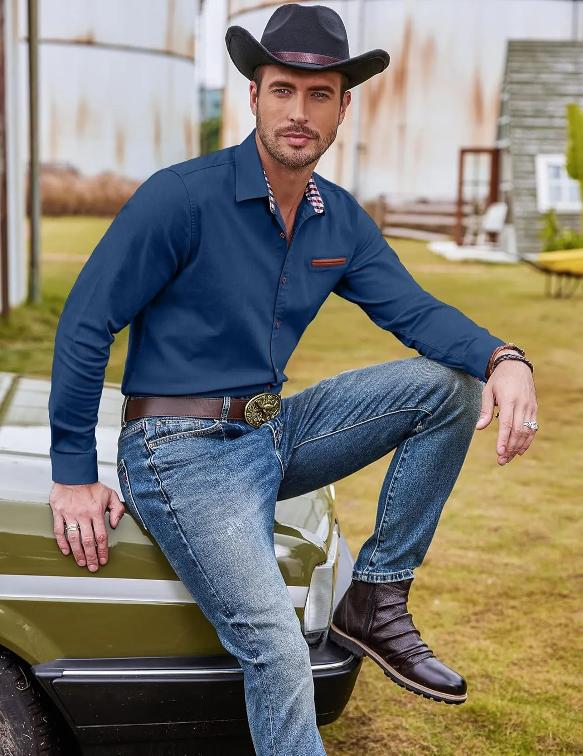 COOFANDY Men's Casual Dress Shirt Button Down Shirts Long-Sleeve Plaid Collar Denim Work Shirt
